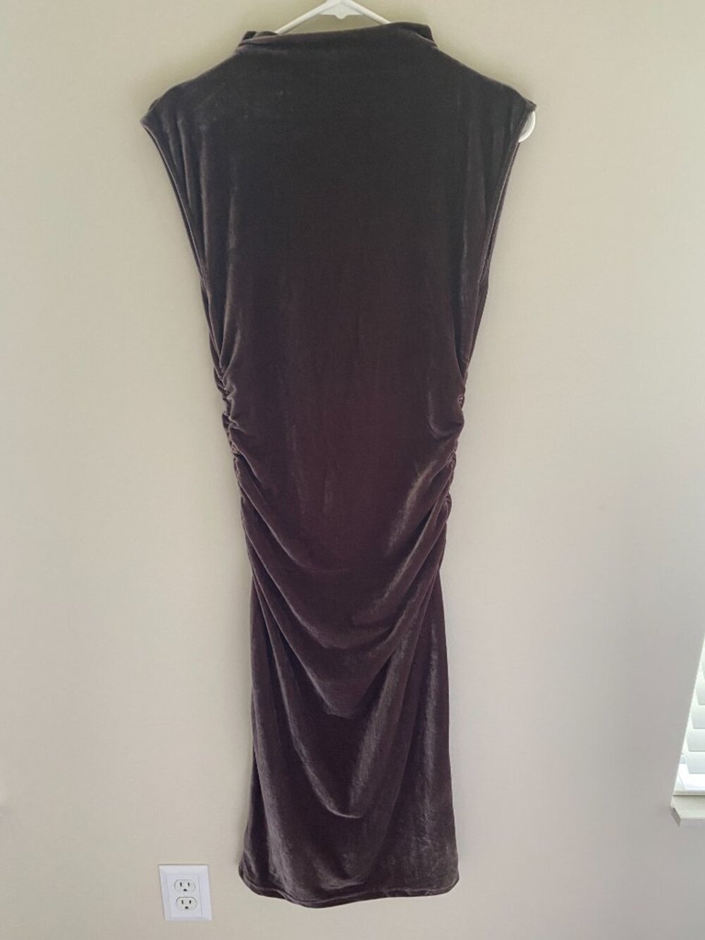 A New Day Brown Velvet Ruched Midi Dress Mock Neck Cap Sleeve XS